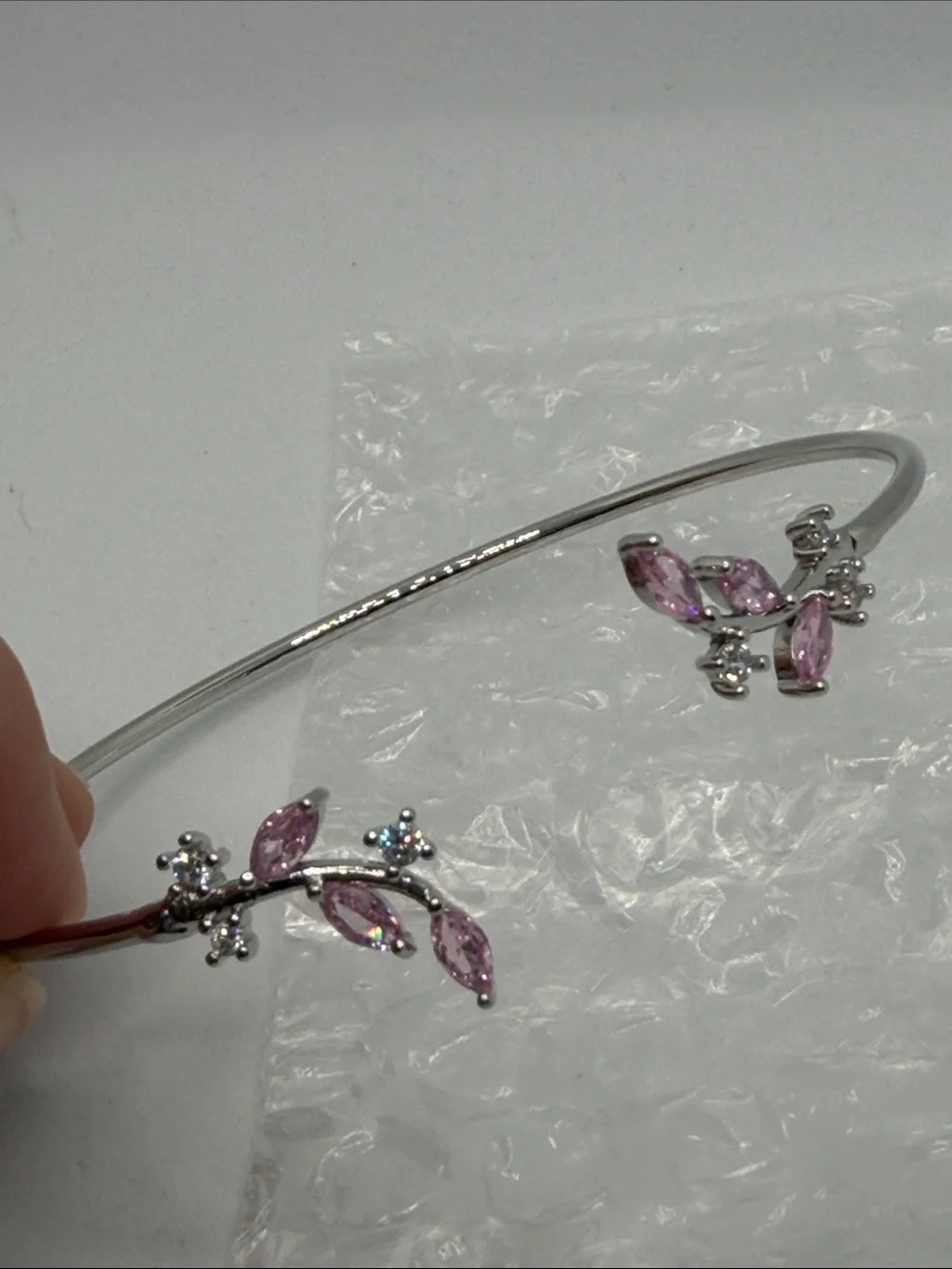 Delicate Pink Leaf Cuff Bracelet - Silver Tone